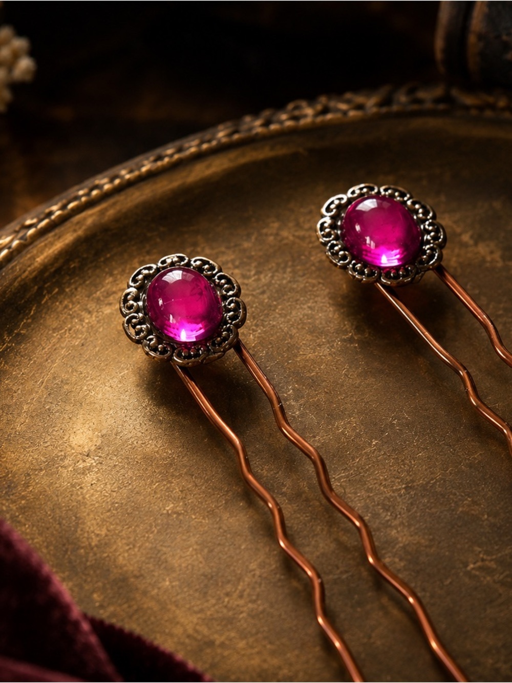 Magenta Glass Gems Hair-Pins